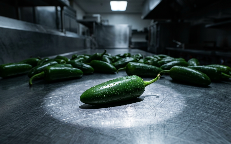 Jalapeno Salmonella outbreak shown by fresh green jalapenos on a stainless steel prep surface under cold clinical light