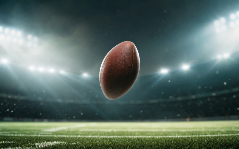 An American football spinning in mid air above green stadium turf under bright lights