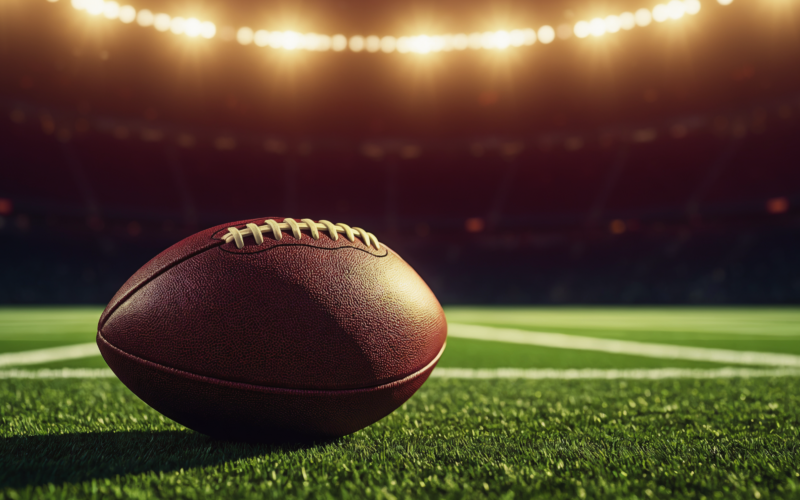 A football stadium at dusk with a rising spotlight, symbolizing high expectations for a young quarterback