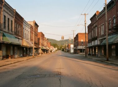 Jed York arrest concept, empty small town Ohio main street at golden hour