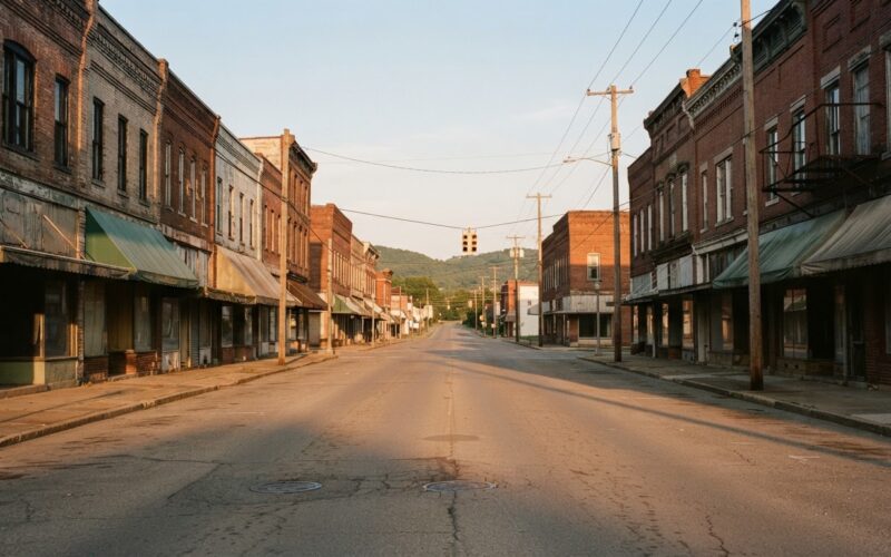 Jed York arrest concept, empty small town Ohio main street at golden hour