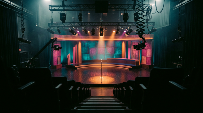 Empty late night television studio seen from the back of the audience risers under teal and magenta stage light