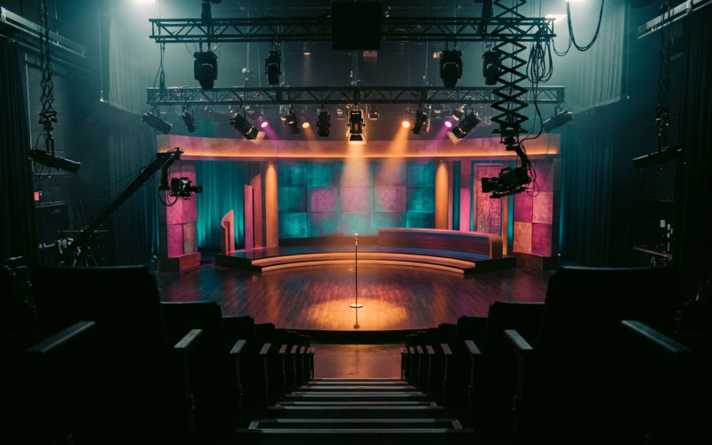 Empty late night television studio seen from the back of the audience risers under teal and magenta stage light