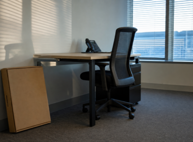 Quits rate decline illustrated by an empty office desk with the chair pushed in and an unopened flat moving box on the floor