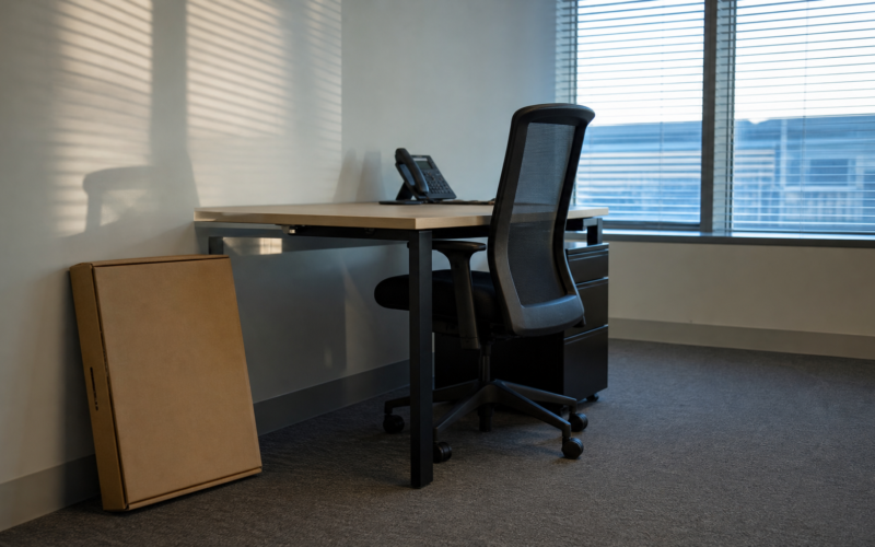 Quits rate decline illustrated by an empty office desk with the chair pushed in and an unopened flat moving box on the floor