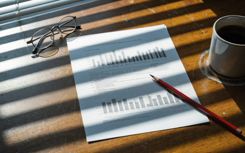 July jobs report bar chart printed on a desk with a red pencil, reading glasses and a cold cup of coffee