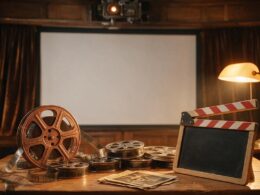 A vintage film reel and clapperboard on a warm wooden table with cinematic lighting
