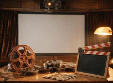 A vintage film reel and clapperboard on a warm wooden table with cinematic lighting