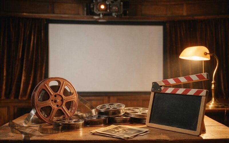 A vintage film reel and clapperboard on a warm wooden table with cinematic lighting