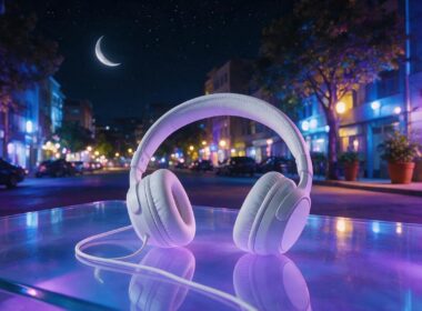 LALALALUNE trend concept with a crescent moon above a neon lit city street and white headphones on a glass table