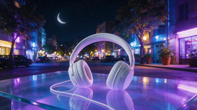 LALALALUNE trend concept with a crescent moon above a neon lit city street and white headphones on a glass table