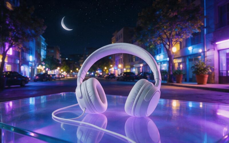 LALALALUNE trend concept with a crescent moon above a neon lit city street and white headphones on a glass table