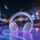 LALALALUNE trend concept with a crescent moon above a neon lit city street and white headphones on a glass table