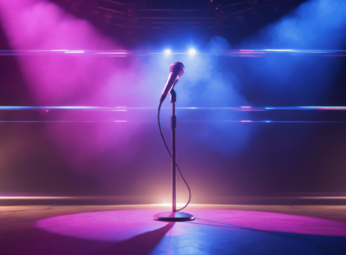 KATSEYE concept: a glowing stage microphone under magenta and blue concert spotlights