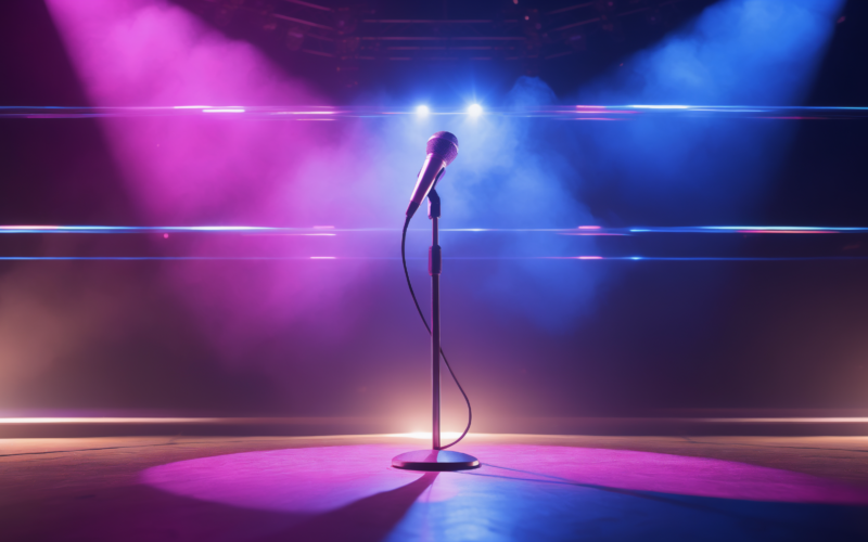 KATSEYE concept: a glowing stage microphone under magenta and blue concert spotlights