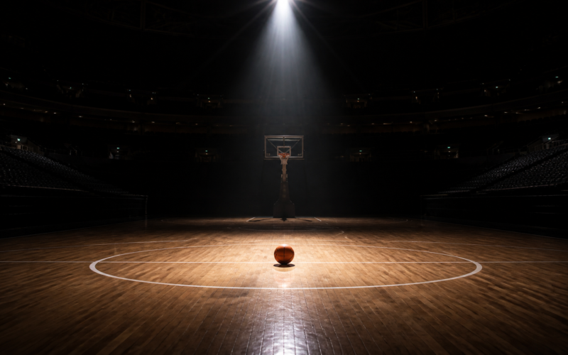 Kelsey Mitchell WNBA scoring streak, empty arena with a basketball under a spotlight