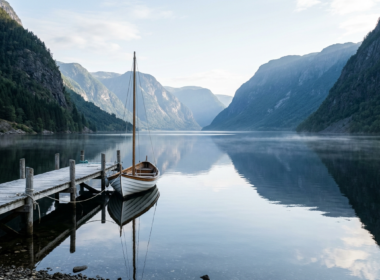 Norwegian fjord at dawn with a lone wooden sailing dinghy moored at a timber jetty