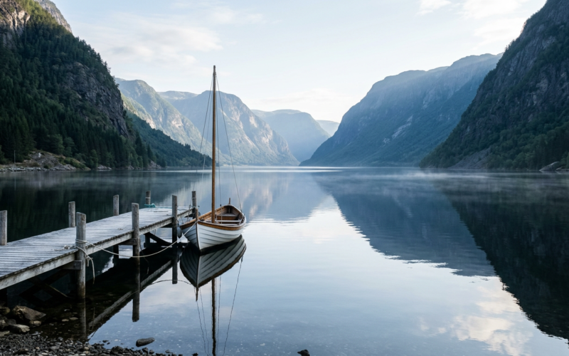 Norwegian fjord at dawn with a lone wooden sailing dinghy moored at a timber jetty