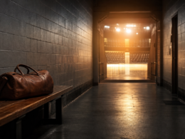 Klay Thompson buyout concept, empty arena tunnel with a duffel bag left on a bench