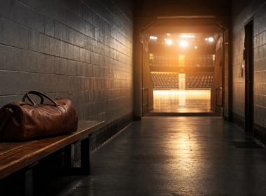 Klay Thompson buyout concept, empty arena tunnel with a duffel bag left on a bench