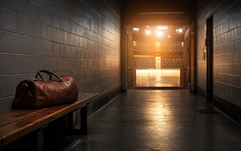 Klay Thompson buyout concept, empty arena tunnel with a duffel bag left on a bench