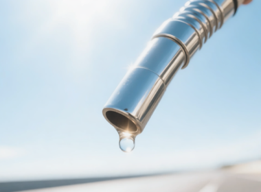 Chrome fuel nozzle photographed against a bright blue sky with a droplet at the tip