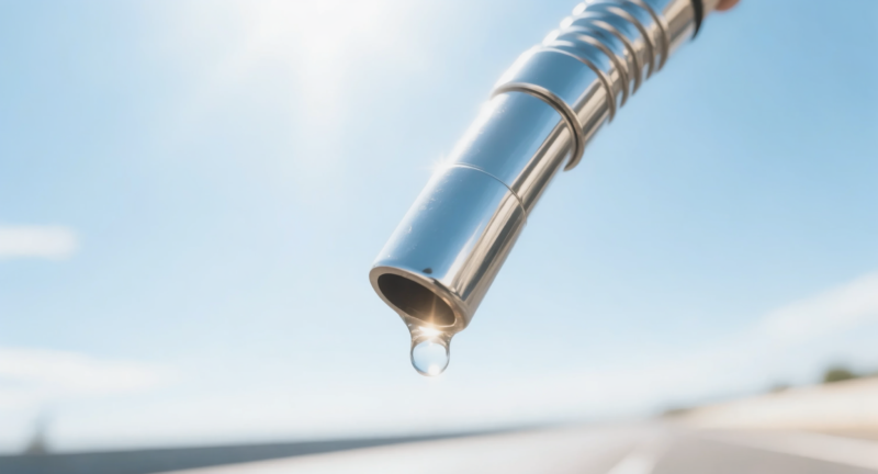 Chrome fuel nozzle photographed against a bright blue sky with a droplet at the tip