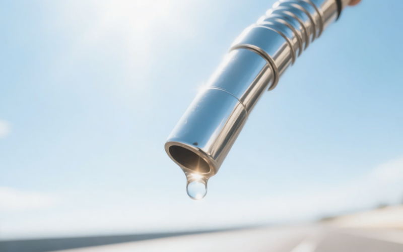 Chrome fuel nozzle photographed against a bright blue sky with a droplet at the tip