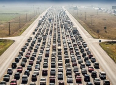 Labor Day travel 2026 traffic packed across an interstate lane by lane in midday heat haze