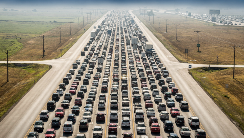 Labor Day travel 2026 traffic packed across an interstate lane by lane in midday heat haze