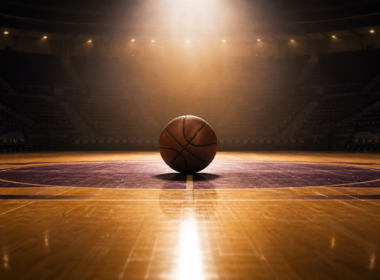 Lakers sale concept: a basketball at center court under a spotlight in a dark arena