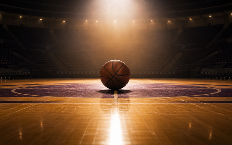 Lakers sale concept: a basketball at center court under a spotlight in a dark arena