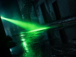 Lanterns HBO Max premiere concept, emerald green beam cutting across a rain slicked street