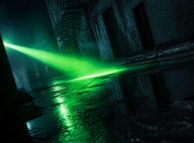 Lanterns HBO Max premiere concept, emerald green beam cutting across a rain slicked street