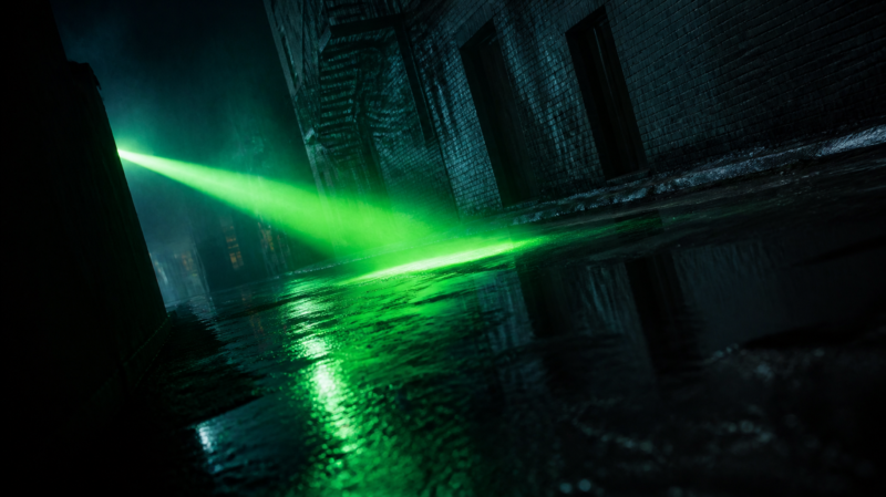 Lanterns HBO Max premiere concept, emerald green beam cutting across a rain slicked street