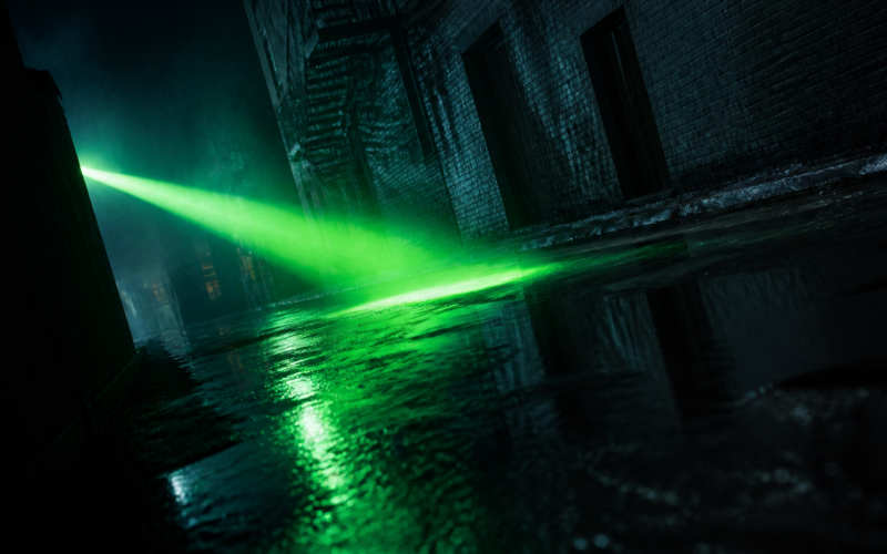 Lanterns HBO Max premiere concept, emerald green beam cutting across a rain slicked street