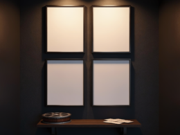 LastFourWatched film diary concept with four blank framed cinema poster cards in a two by two grid on a dark wall