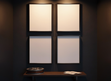 LastFourWatched film diary concept with four blank framed cinema poster cards in a two by two grid on a dark wall