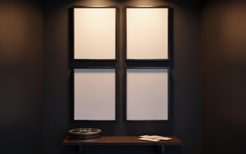 LastFourWatched film diary concept with four blank framed cinema poster cards in a two by two grid on a dark wall