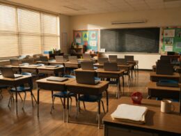An empty classroom with closed laptops and a timer on the teacher desk illustrating classroom screen time limits