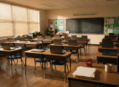 An empty classroom with closed laptops and a timer on the teacher desk illustrating classroom screen time limits