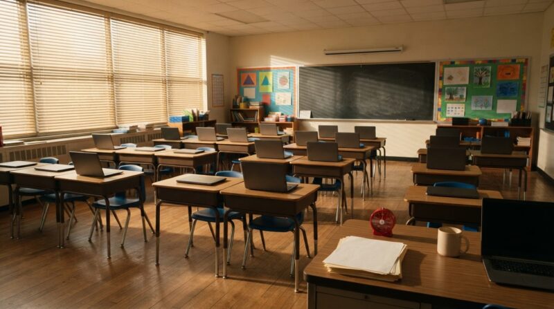 An empty classroom with closed laptops and a timer on the teacher desk illustrating classroom screen time limits