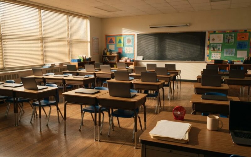 An empty classroom with closed laptops and a timer on the teacher desk illustrating classroom screen time limits