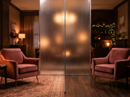 Love Is Blind UK Season 3 represented by two velvet armchairs facing each other separated by a frosted glass wall