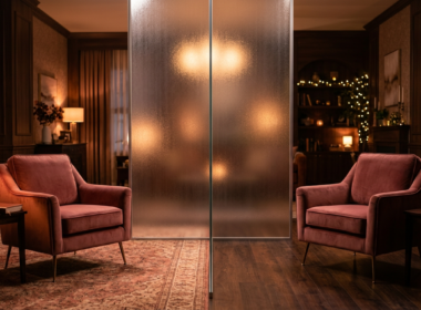 Love Is Blind UK Season 3 represented by two velvet armchairs facing each other separated by a frosted glass wall