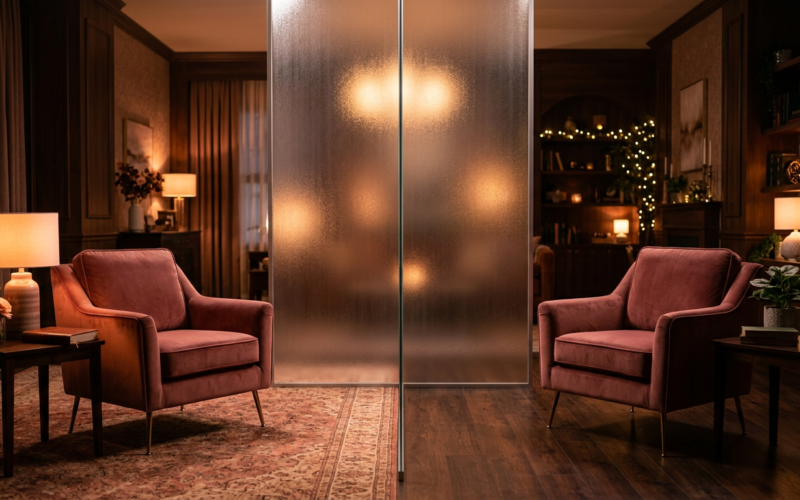 Love Is Blind UK Season 3 represented by two velvet armchairs facing each other separated by a frosted glass wall