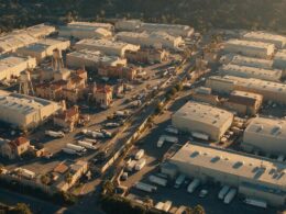 Paramount Warner Bros merger concept, aerial view of two adjacent studio backlots at golden hour