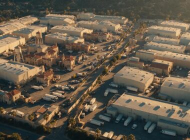 Paramount Warner Bros merger concept, aerial view of two adjacent studio backlots at golden hour