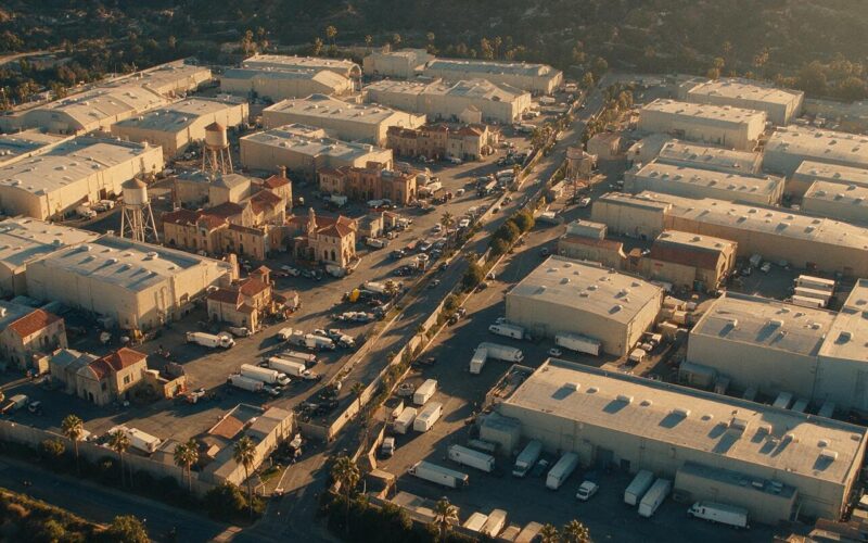 Paramount Warner Bros merger concept, aerial view of two adjacent studio backlots at golden hour