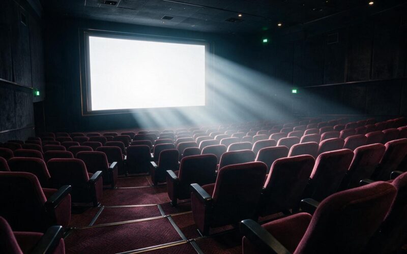 A dark cinema hall with a glowing blank screen and dramatic beams of light